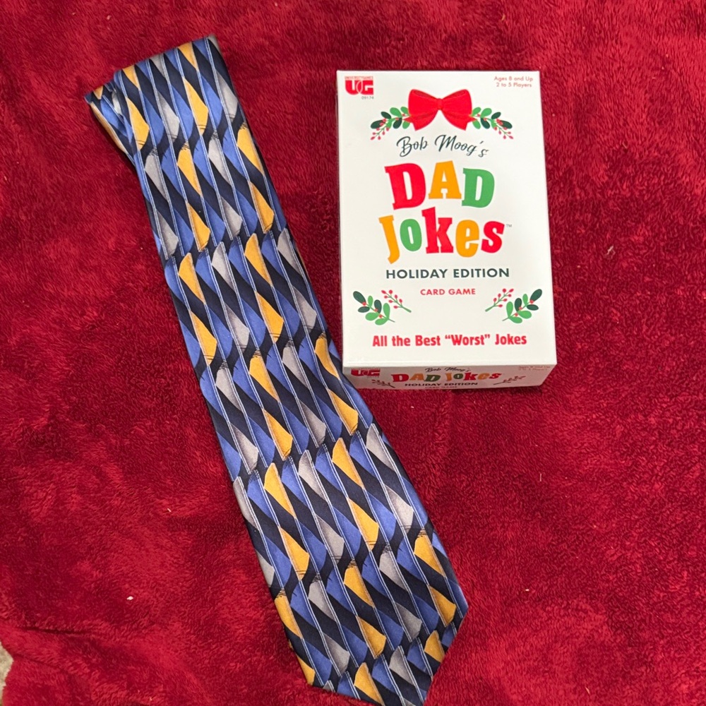 New Dad Jokes Card Game and Bossi All Silk Geometric Blue & Yellow Neck Tie